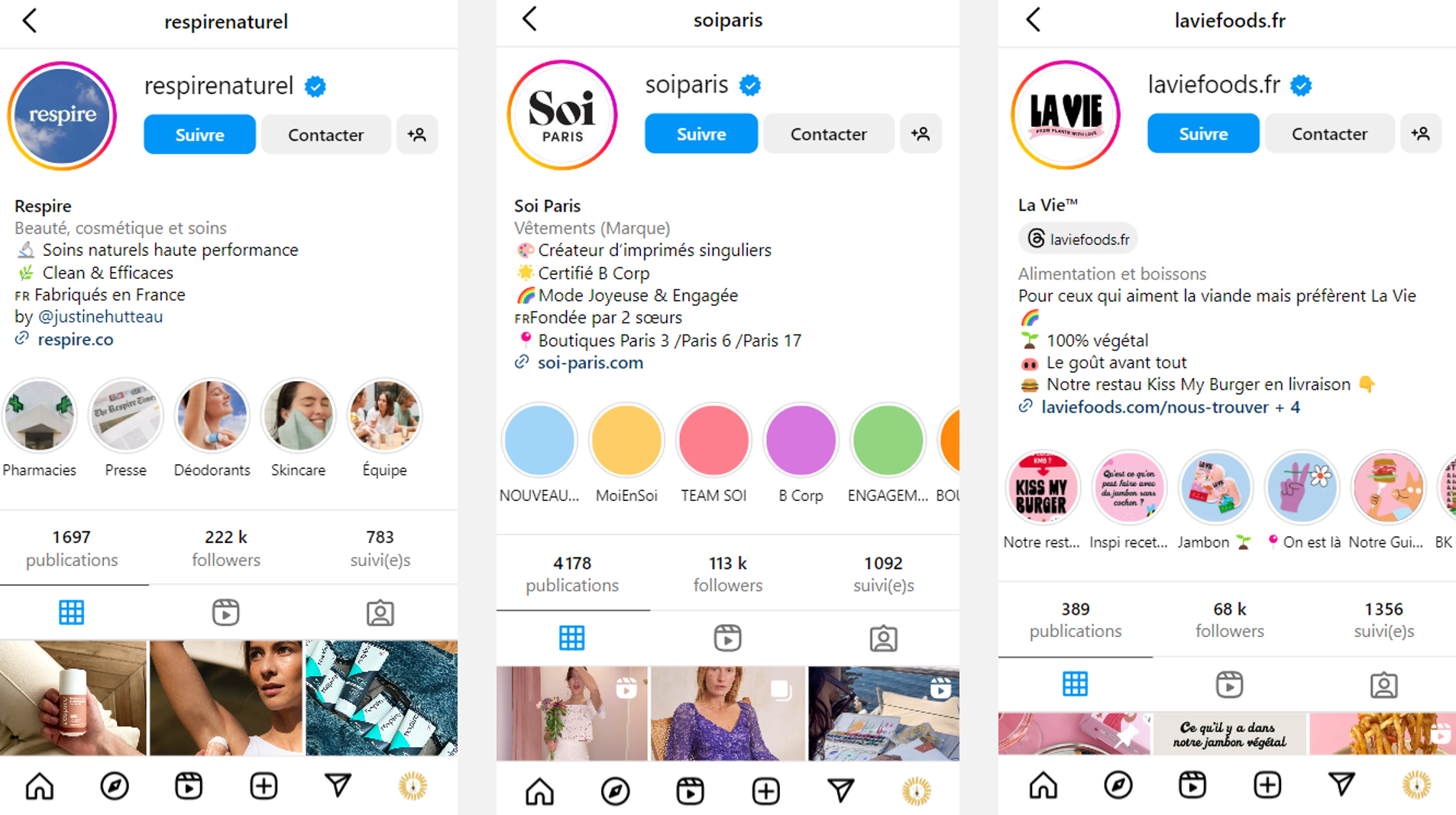 exemples de bio de marques certifiées sur instagram