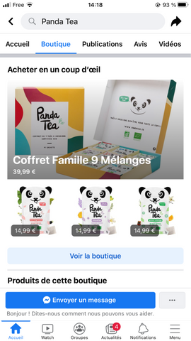 Boutique Facebook de la marque Panda Tea