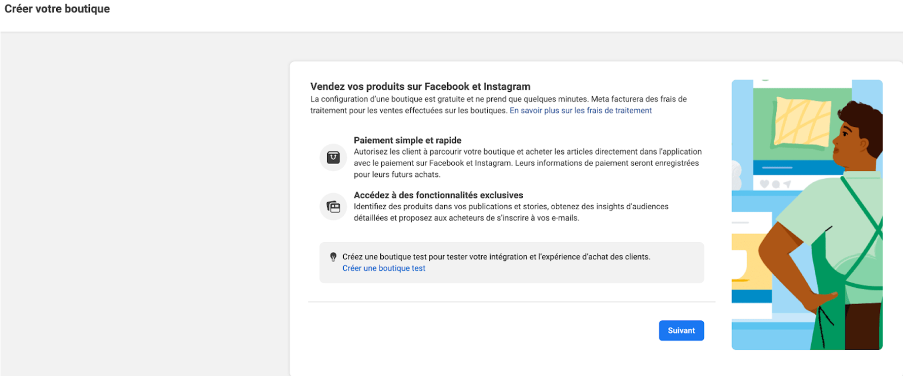 écran de création boutique facebook