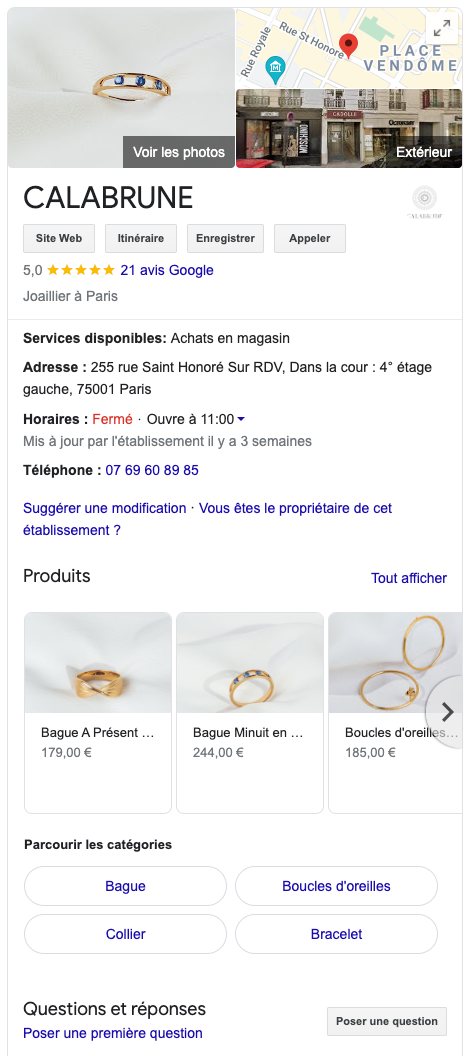 Page Google My Business de la boutique Calabrune 