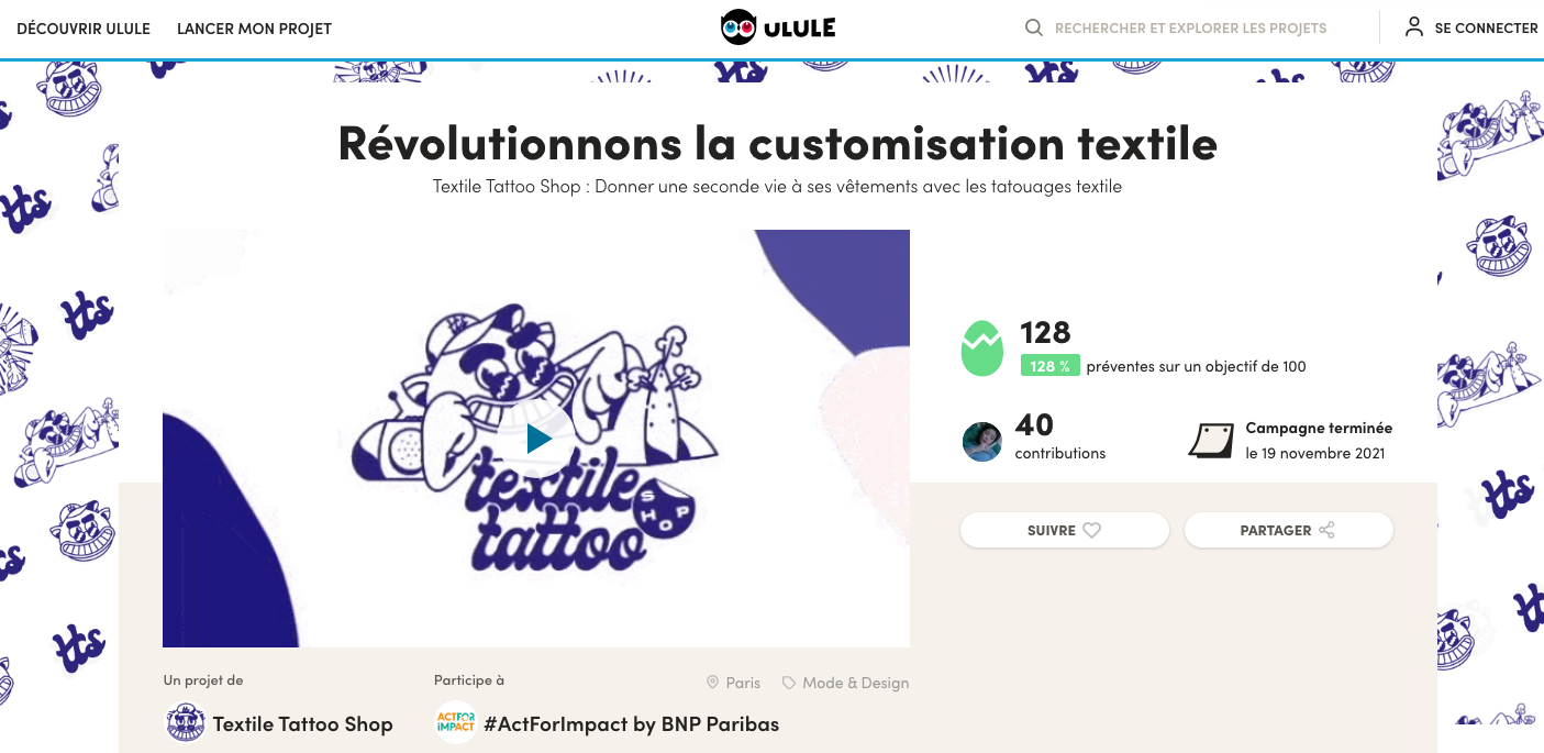 Campagne de crowdfunding Ulule de la marque Textile Tattoo