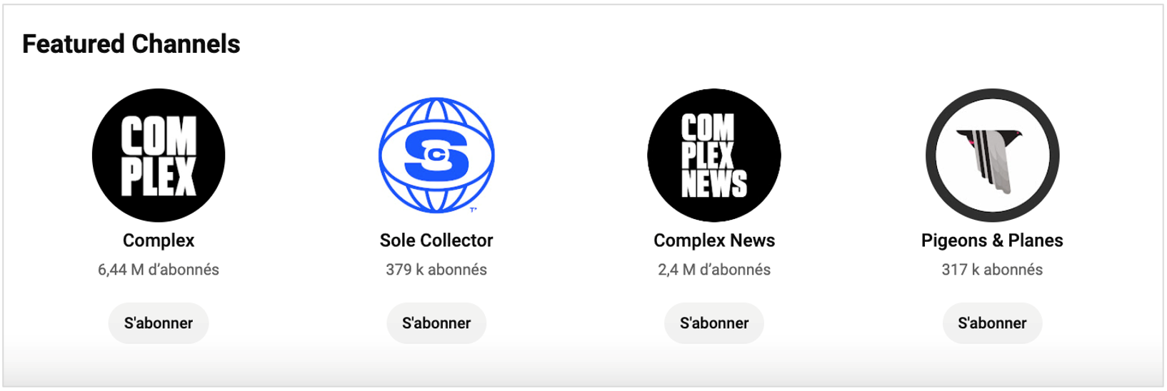 Chaînes Youtube reliées sous l’onglet Featured Channels