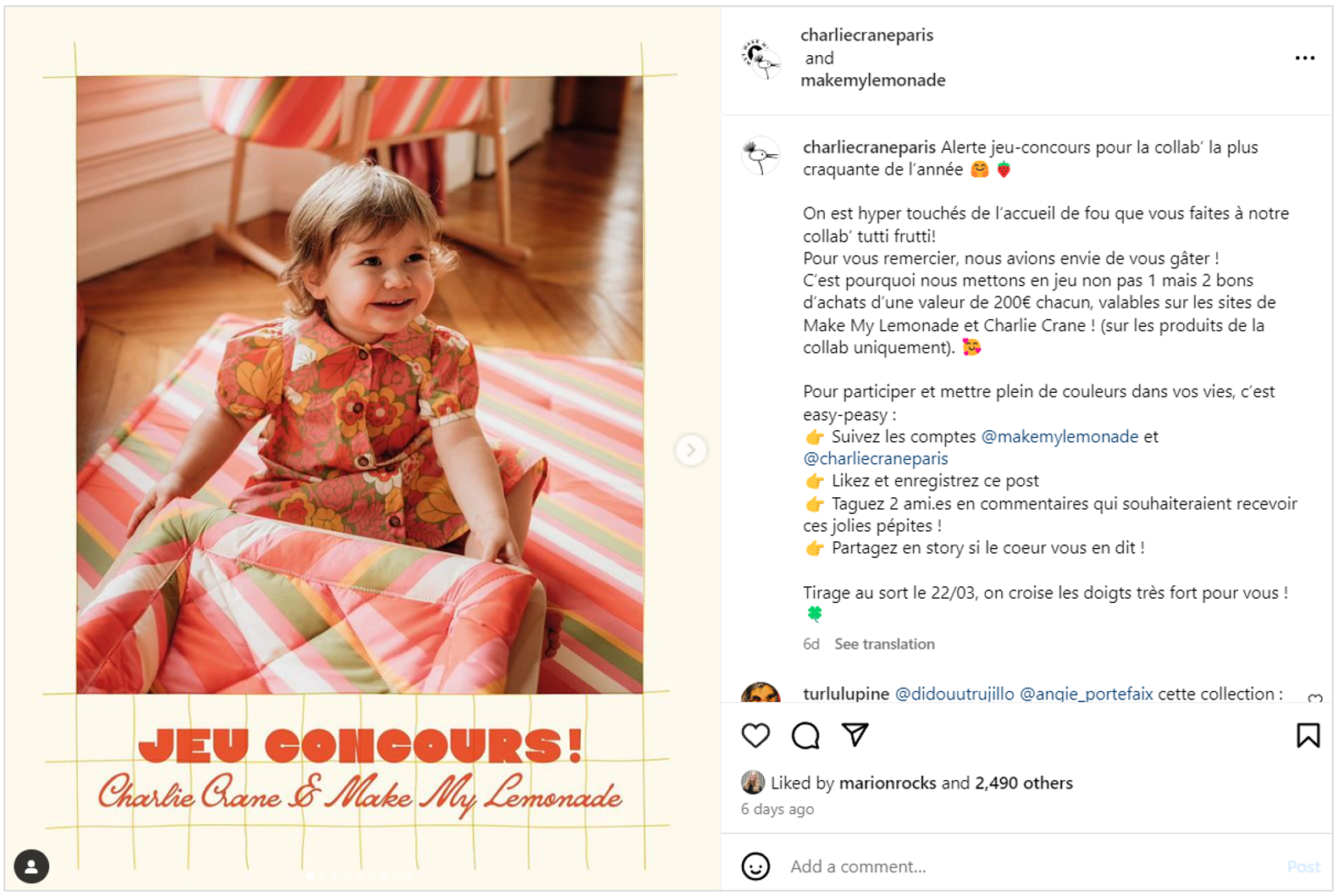 Exemple de partenariat entre les marques Make My Lemonade et Charlie Crane sur Instagram