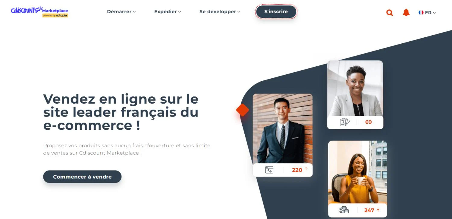 Capture d’écran de la page d’accueil du site Cdiscount pour les vendeurs professionnels