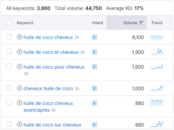 Recherche de mots-clés sur Semrush