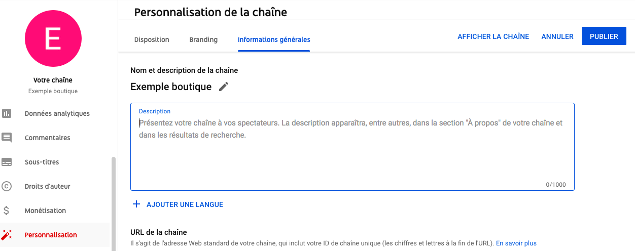 Personnalisation de sa chaîne YouTube