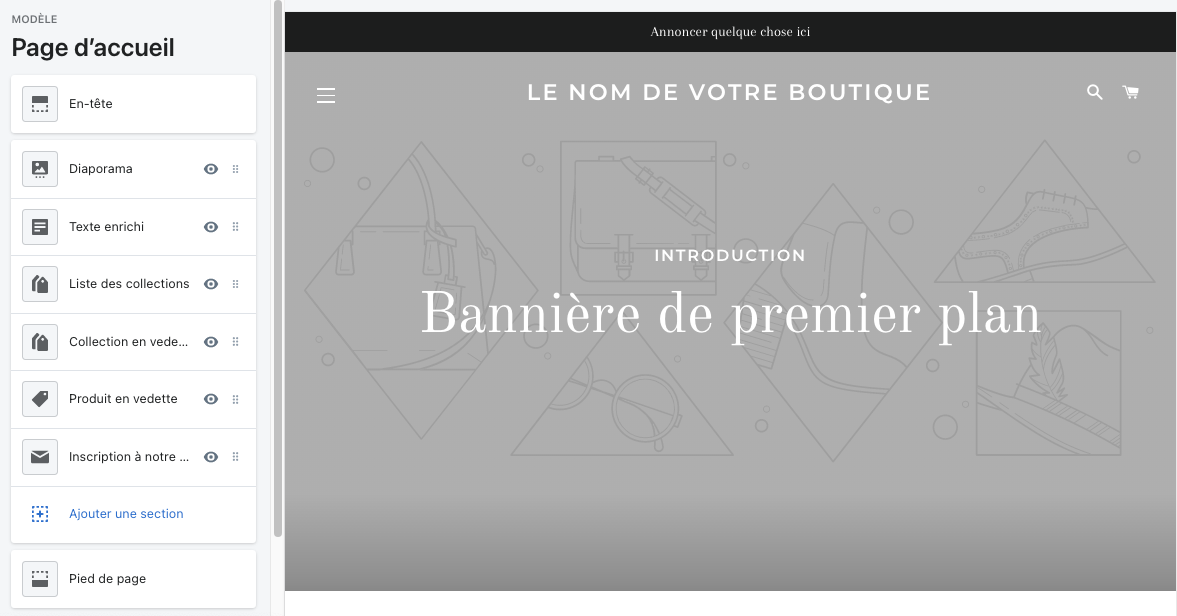 Création page d'accueil d'une boutique Shopify