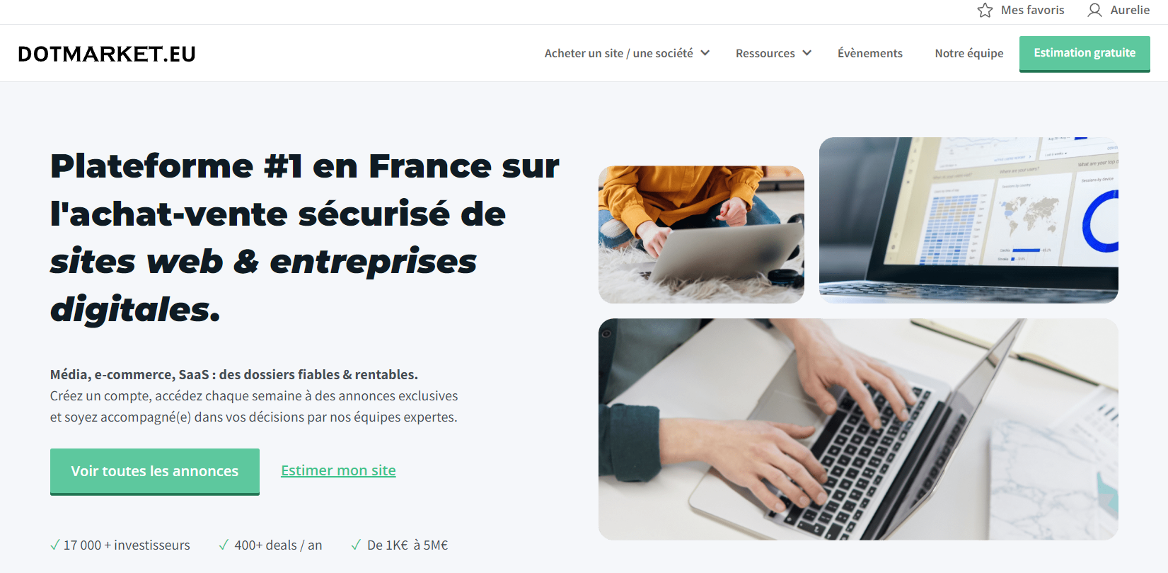 Homepage de la plateforme de vente de site Dotmarket