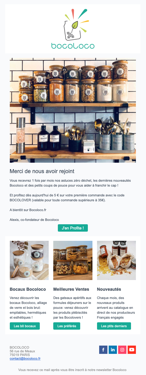 E-mail de bienvenue de la boutique Bocoloco