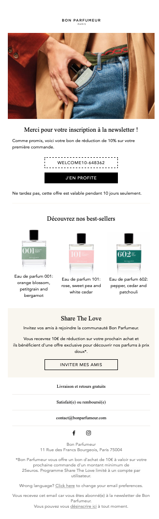 E-mail de bienvenue de la boutique Bon Parfumeur 