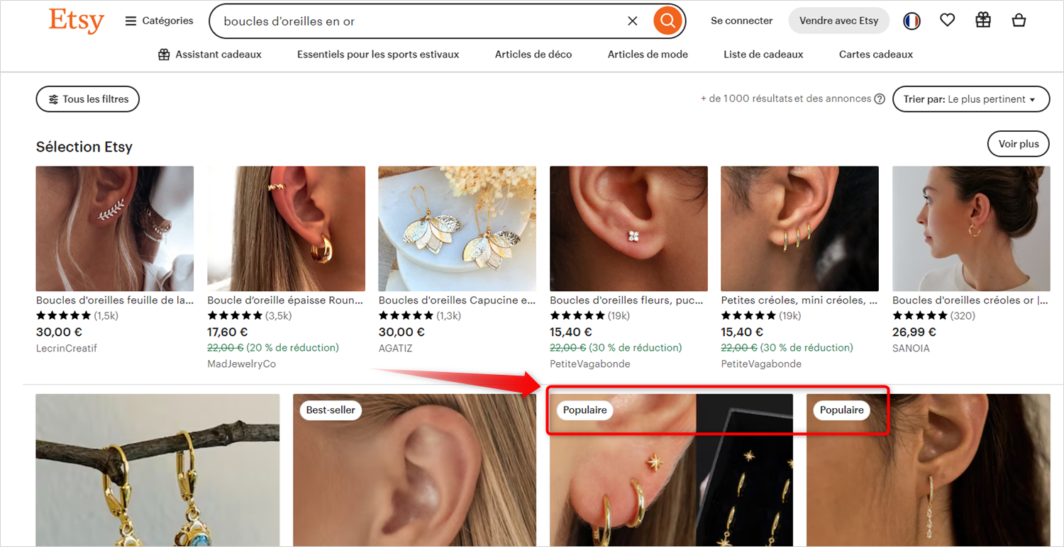 Les boucles d'oreilles en or sont toujours aussi populaires sur Etsy.