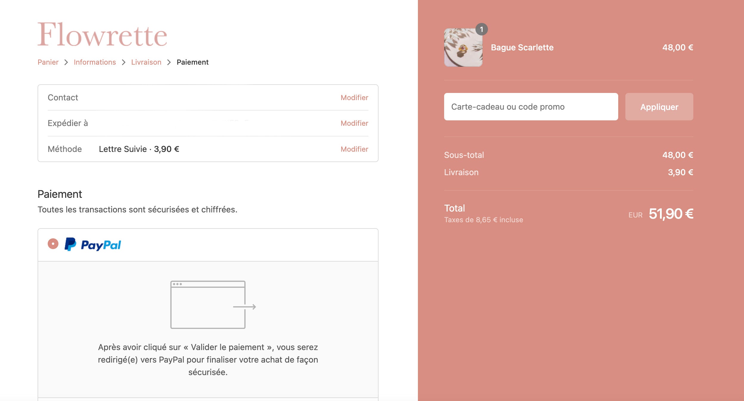 page de paiement Flowrette