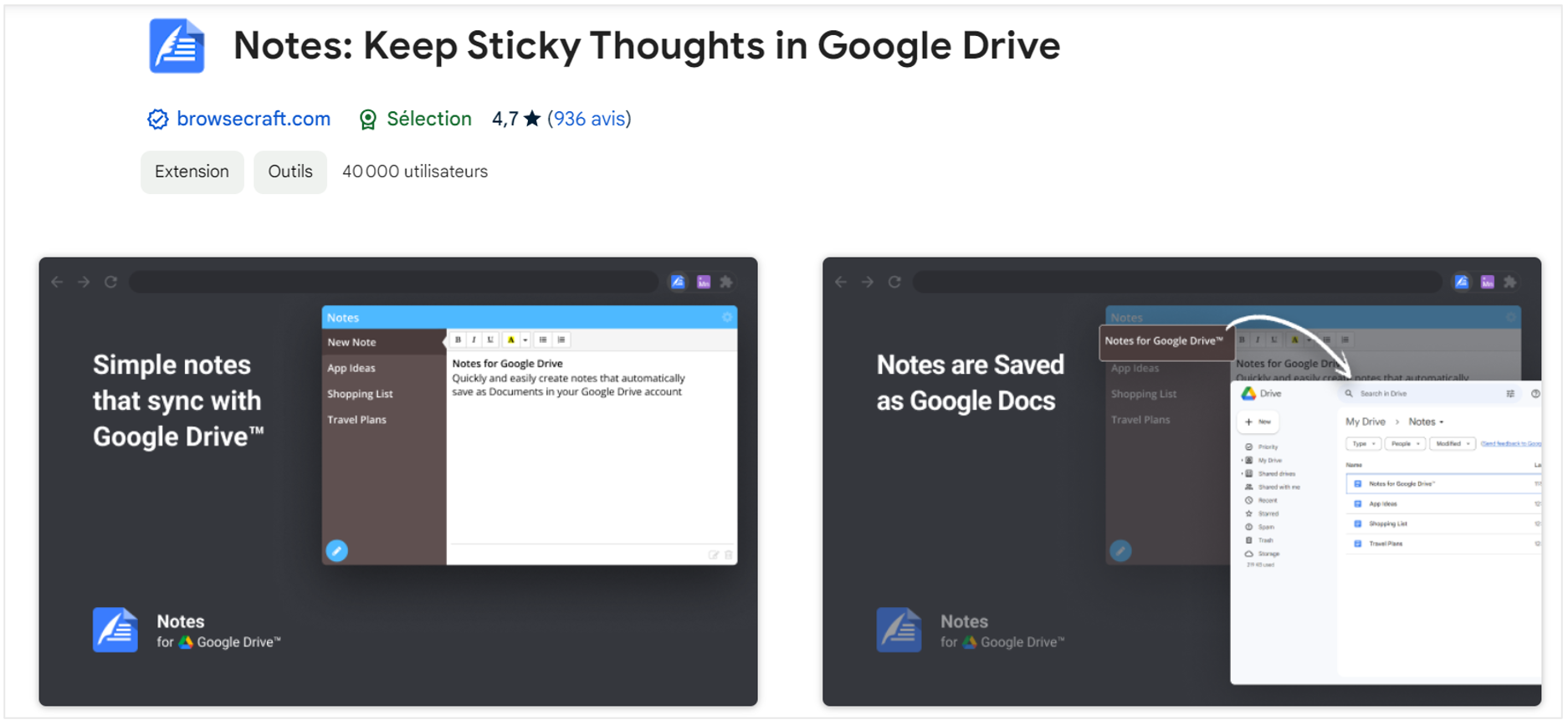 Extension Chrome Notes pour Google Drive