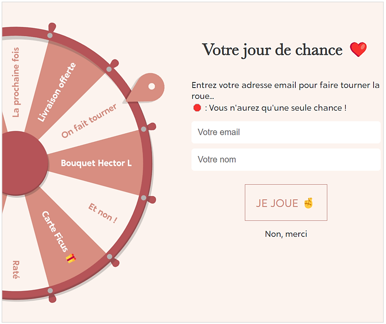 Exemple d’une “roue de la fortune” sur le site flowrette.com