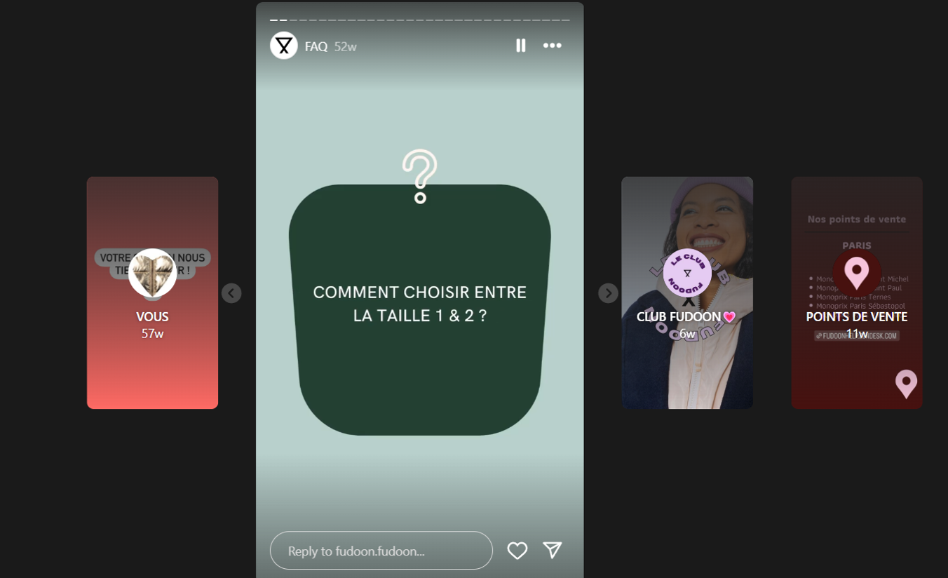 La marque de capuches Fudoon utilise les Stories Instagram pour aider les utilisateurs qui ont des questions liées à ses produits