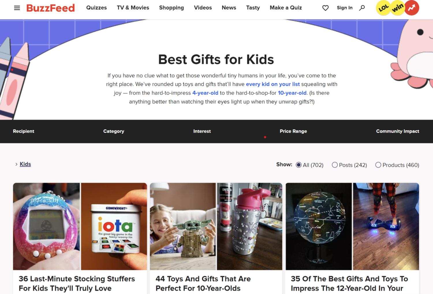 exemple de guide de cadeaux pour enfants de BuzzFeed