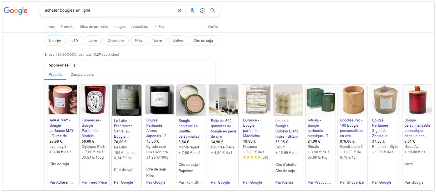 Page de résultat Google pour la requête acheter “bougies en ligne”