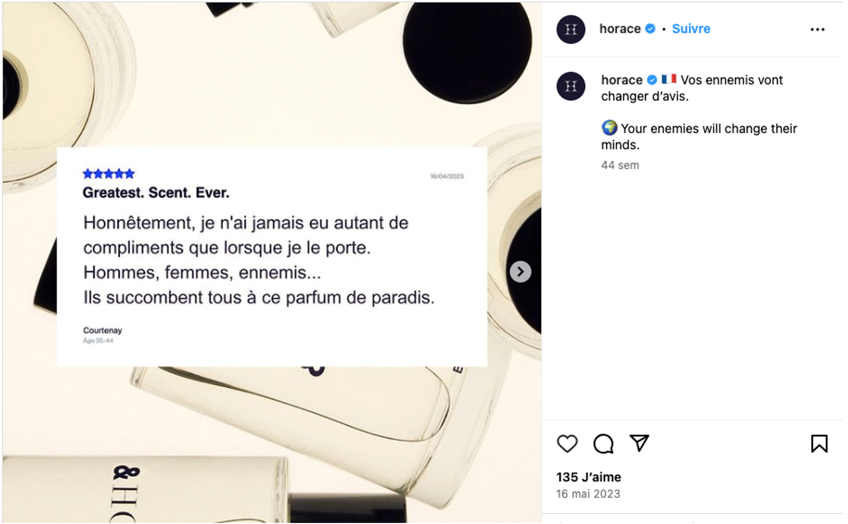 La marque de soins pour hommes Horace a transformé un avis client en publication Instagram.