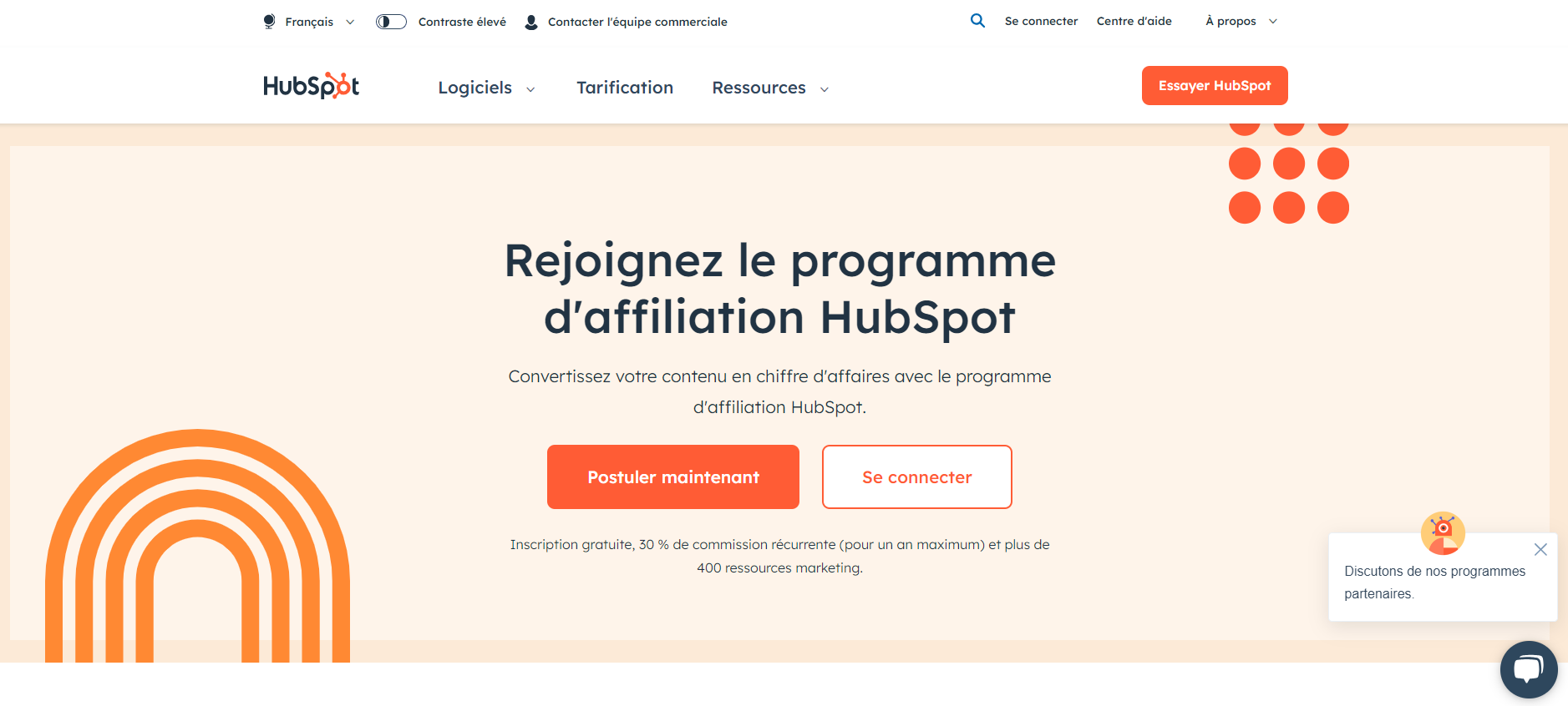 Page d'accueil site Hubspot affiliation