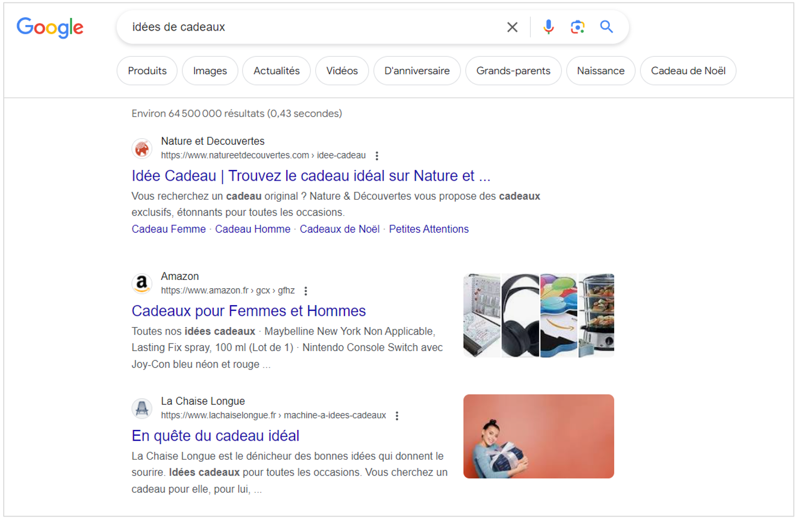 Résultats de recherche Google pour "idées de cadeaux"