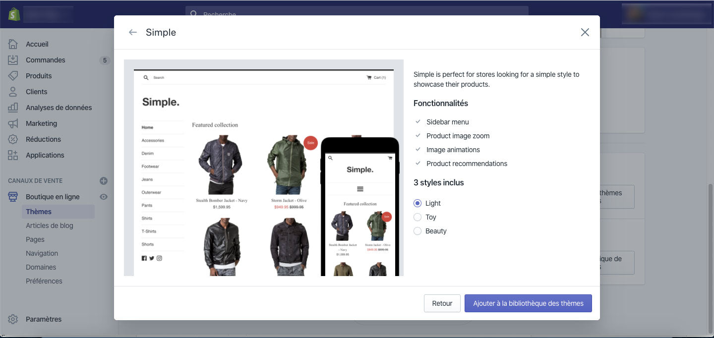 Changer de thème Shopify dans votre interface administrateur