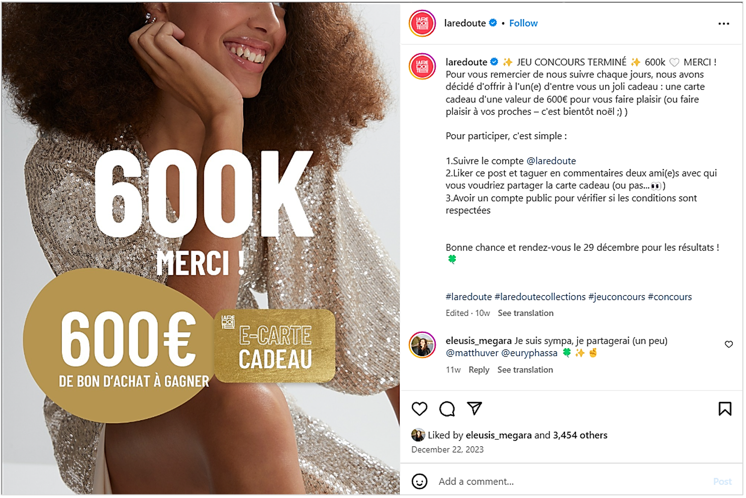 exemple de jeu concours organisé par La Redoute sur Instagram.