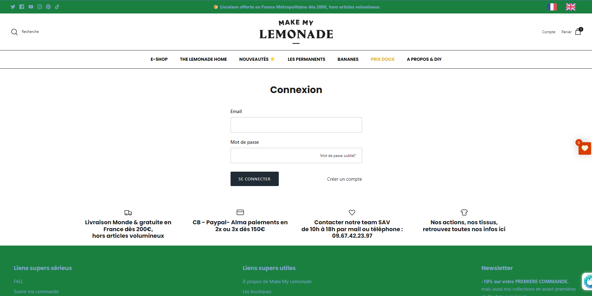 Page de connexion pour le site de e-commerce électronique de Make My Lemonade