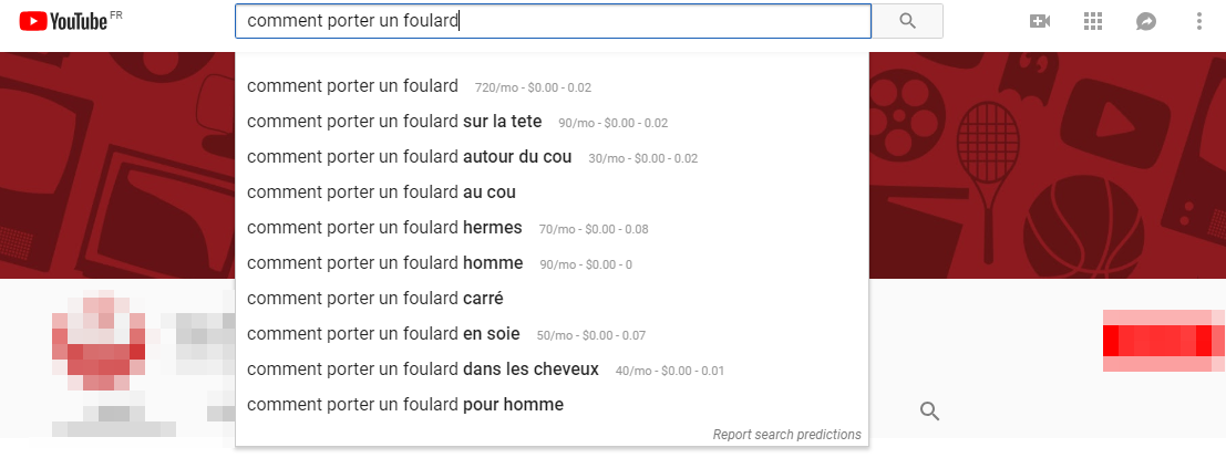 capture d'écran d'une saisie de mots-clés dans youtube