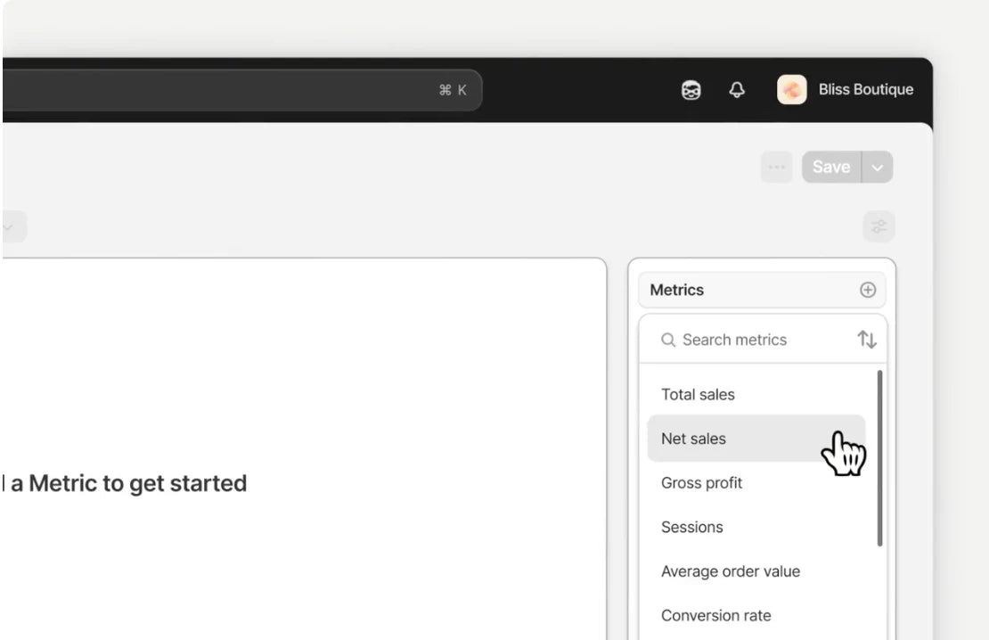 Menu déroulant avec les métriques clés à analyser dans Shopify Analytics.