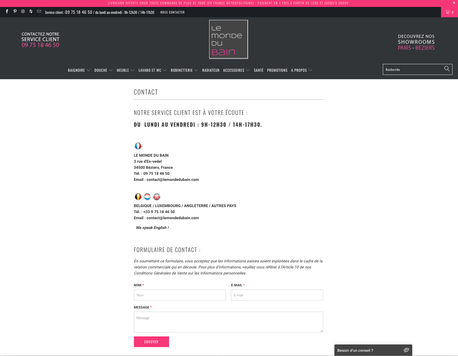 Page contact de la boutique en ligne Le Monde du Bain 