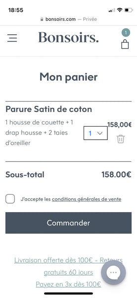 Page de paiement de la boutique en ligne Bonsoirs