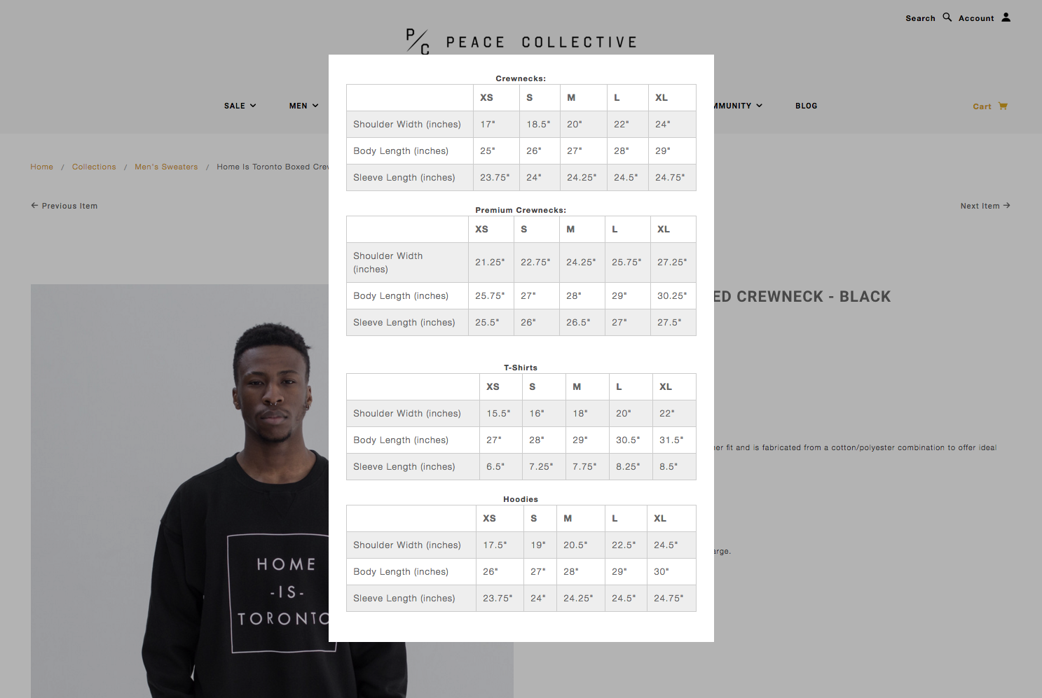 page de produit tableau des tailles