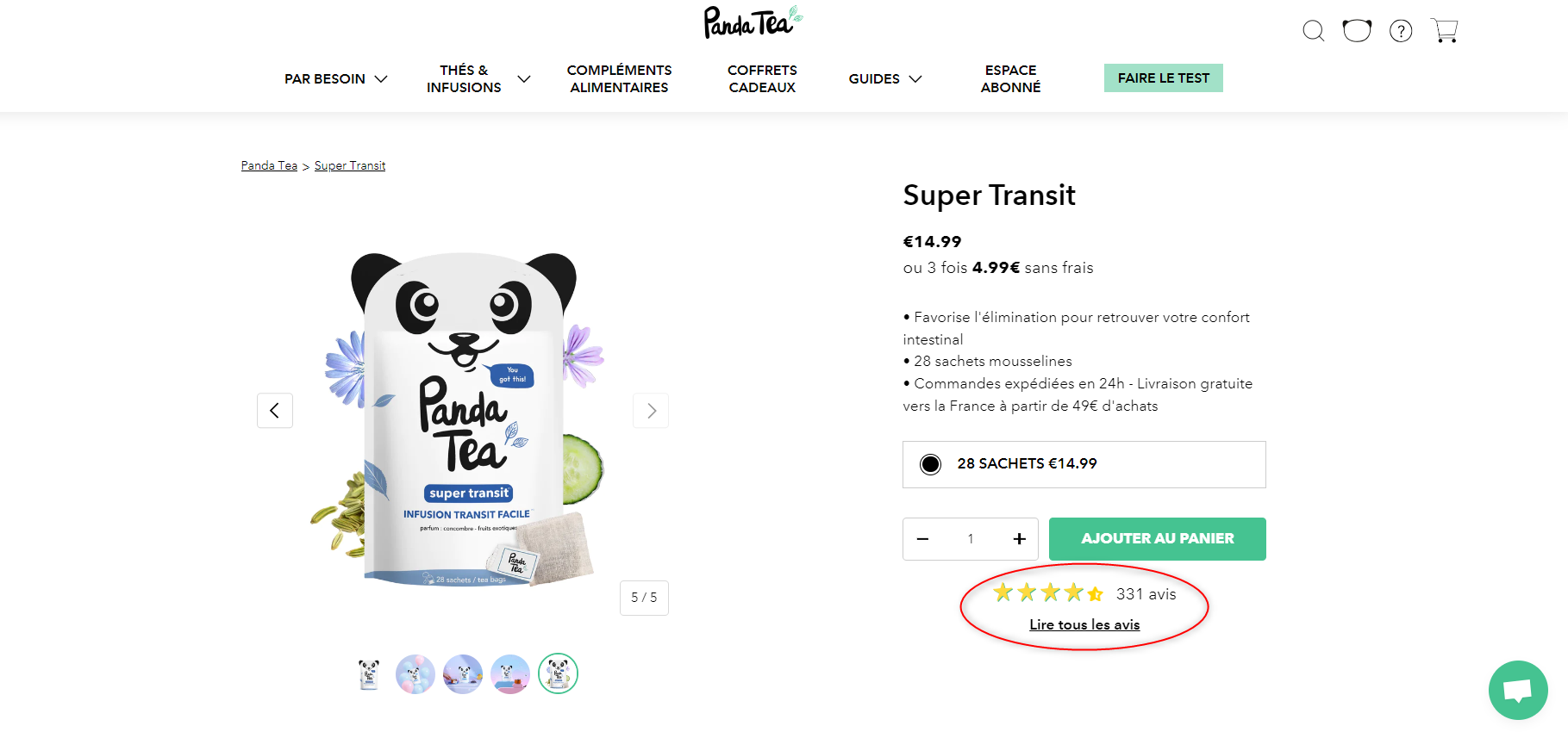 Panda Tea présente plus de 330 avis clients satisfaits sur la page de son produit  “Super Transit”