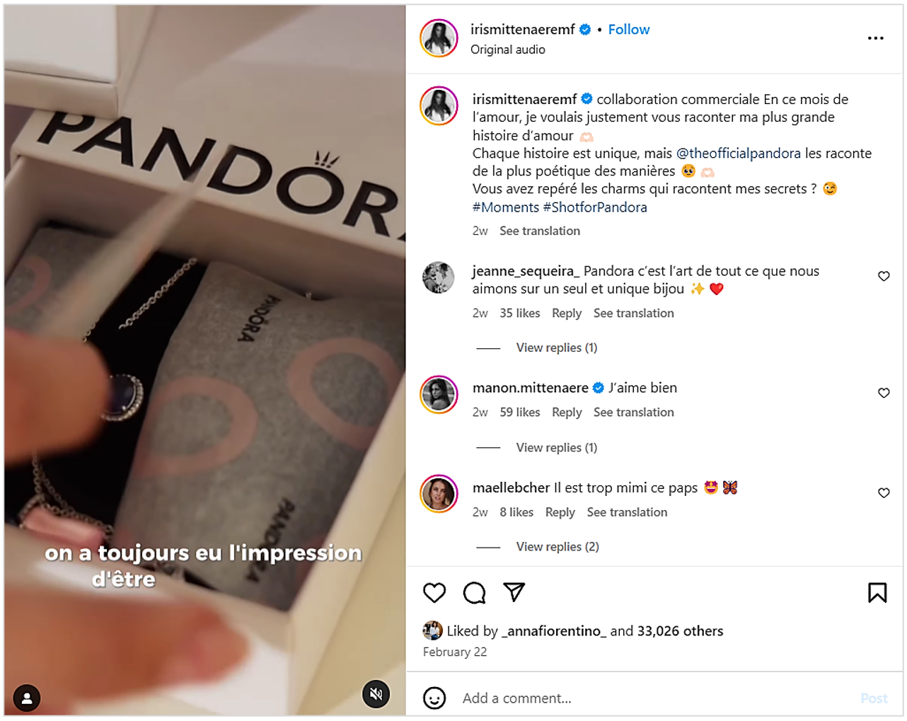 exemple de collaboration de marketing d'influence Instagram entre la marque de bijoux Pandora et l’influence @irismittenaeremf