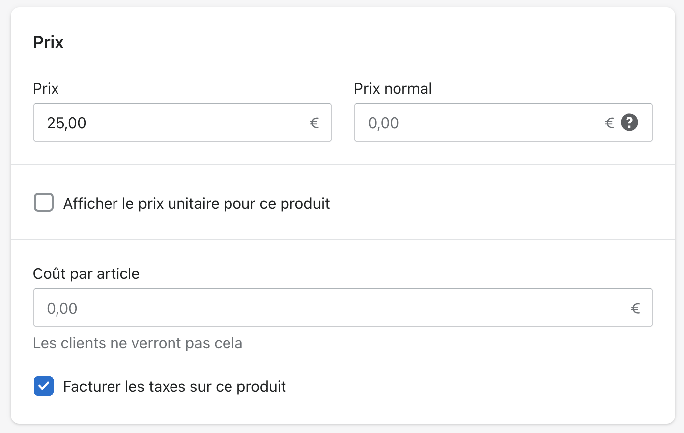 Prix de vente boutique Shopify