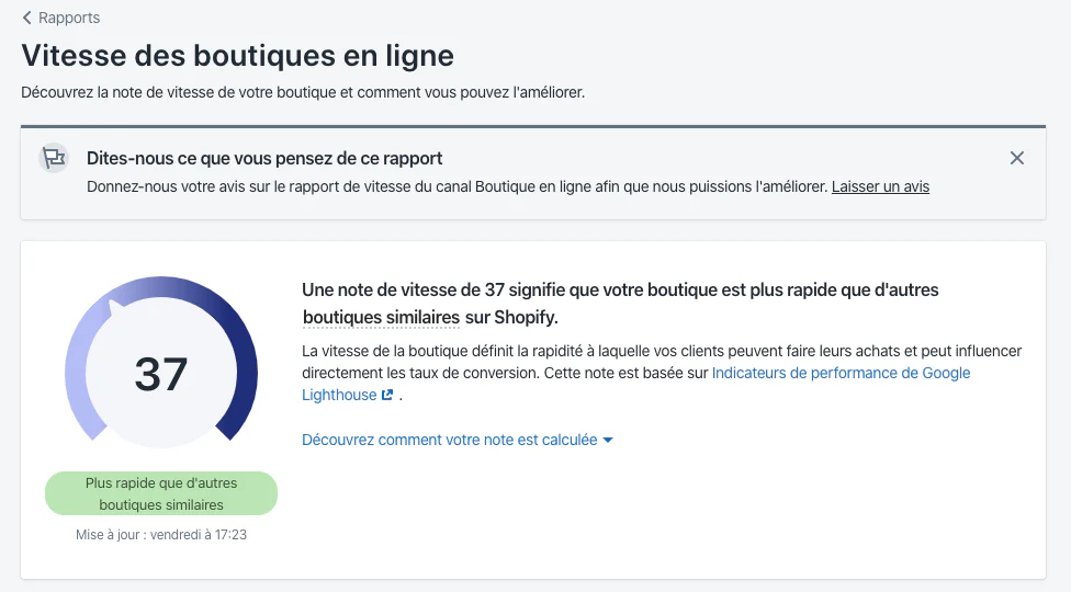 Rapport vitesse de chargement boutique Shopify 