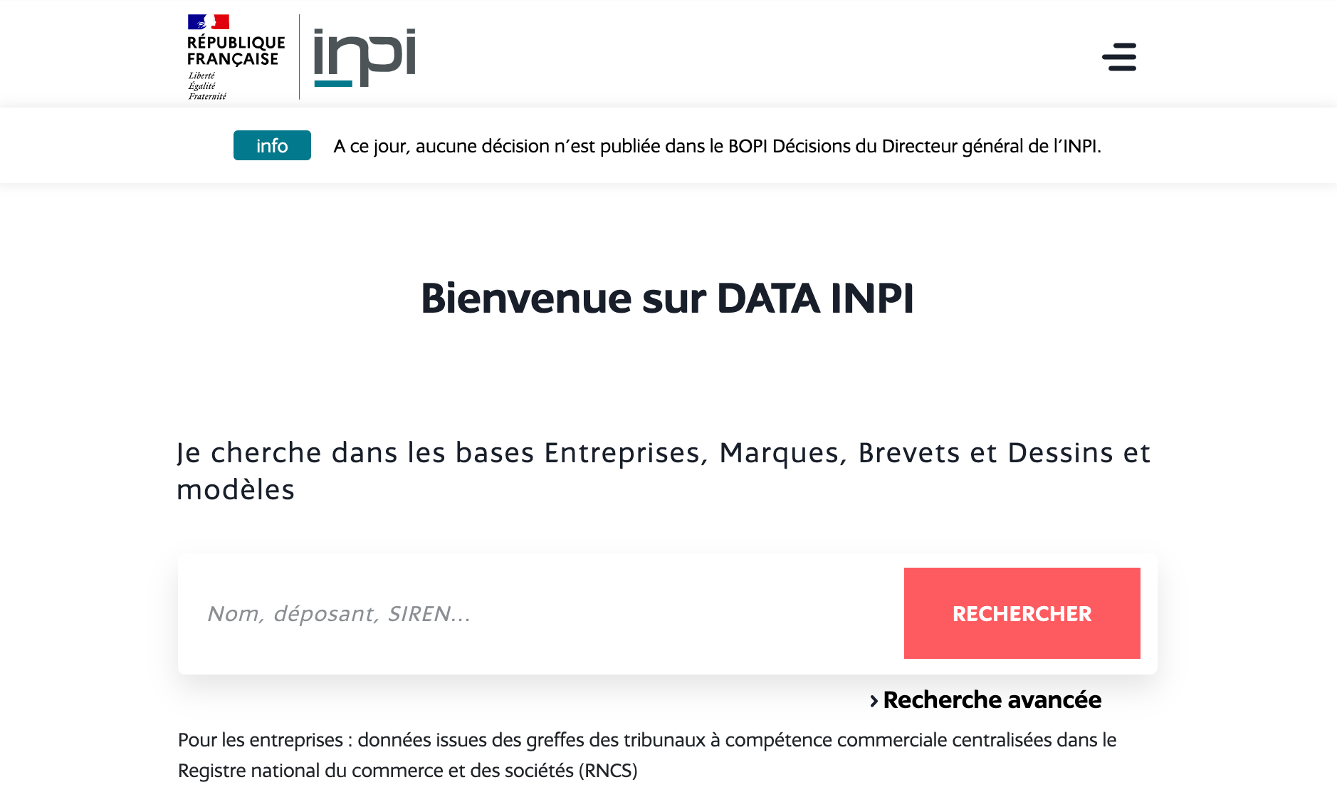 Recherche d'un nom de marque sur le site de l'INPI