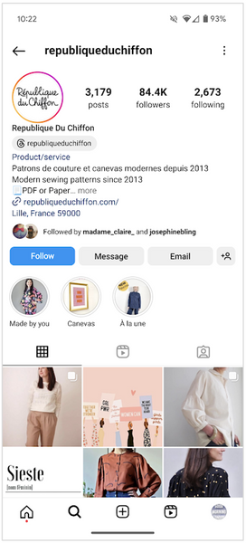 Exemple de compte professionnel Instagram. République du Chiffon