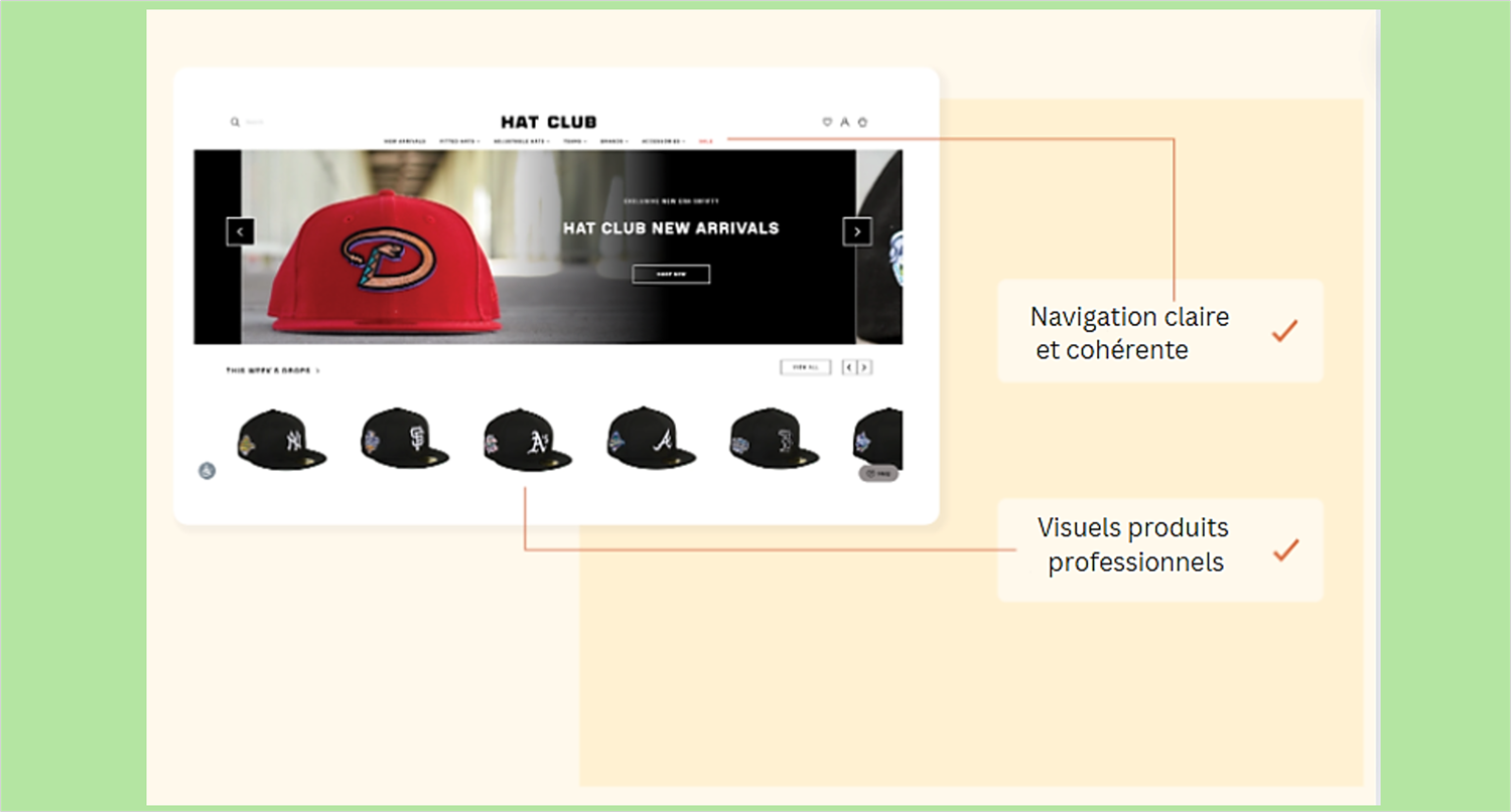 La page d'accueil de Hat Club crée d'emblée un climat de confiance avec les acheteurs grâce à son aspect et à sa convivialité professionnels.