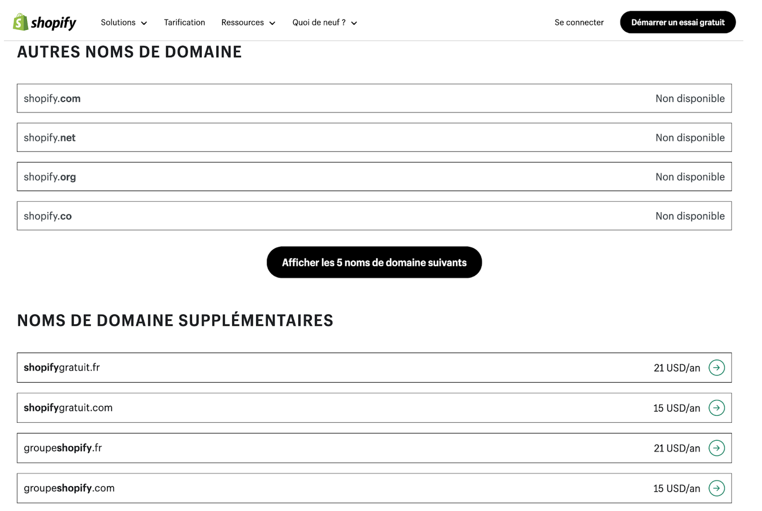 capture d'écran shopify nom de domaine