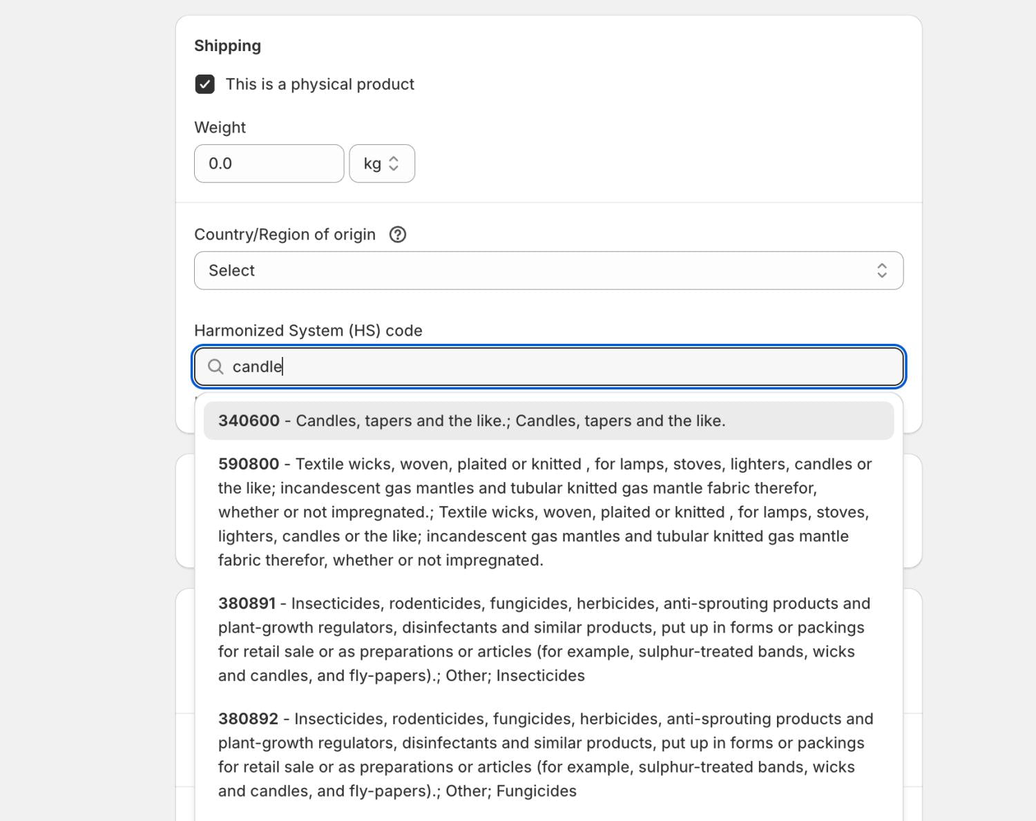 Exemple de saisie du code SH pour des bougies dans l’interface administrateur de Shopify