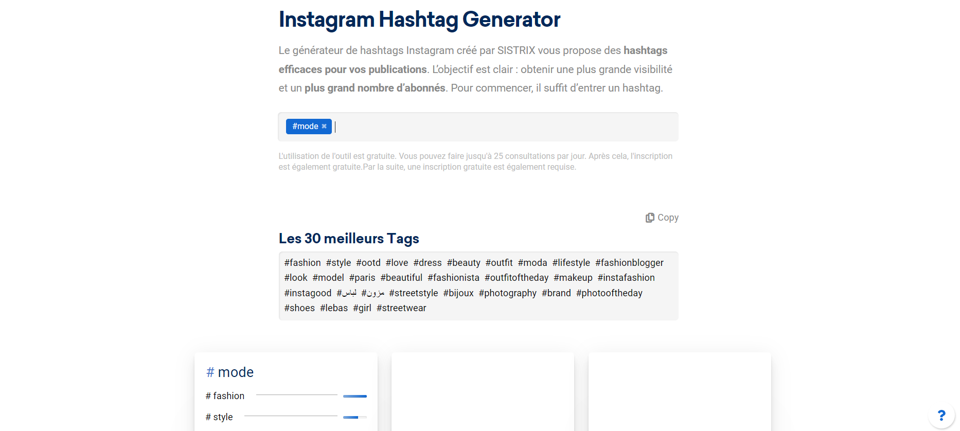 générateur de hashtags Instagram créé par SISTRIX