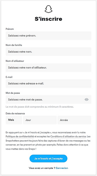 écran s'inscrire sur snapchat