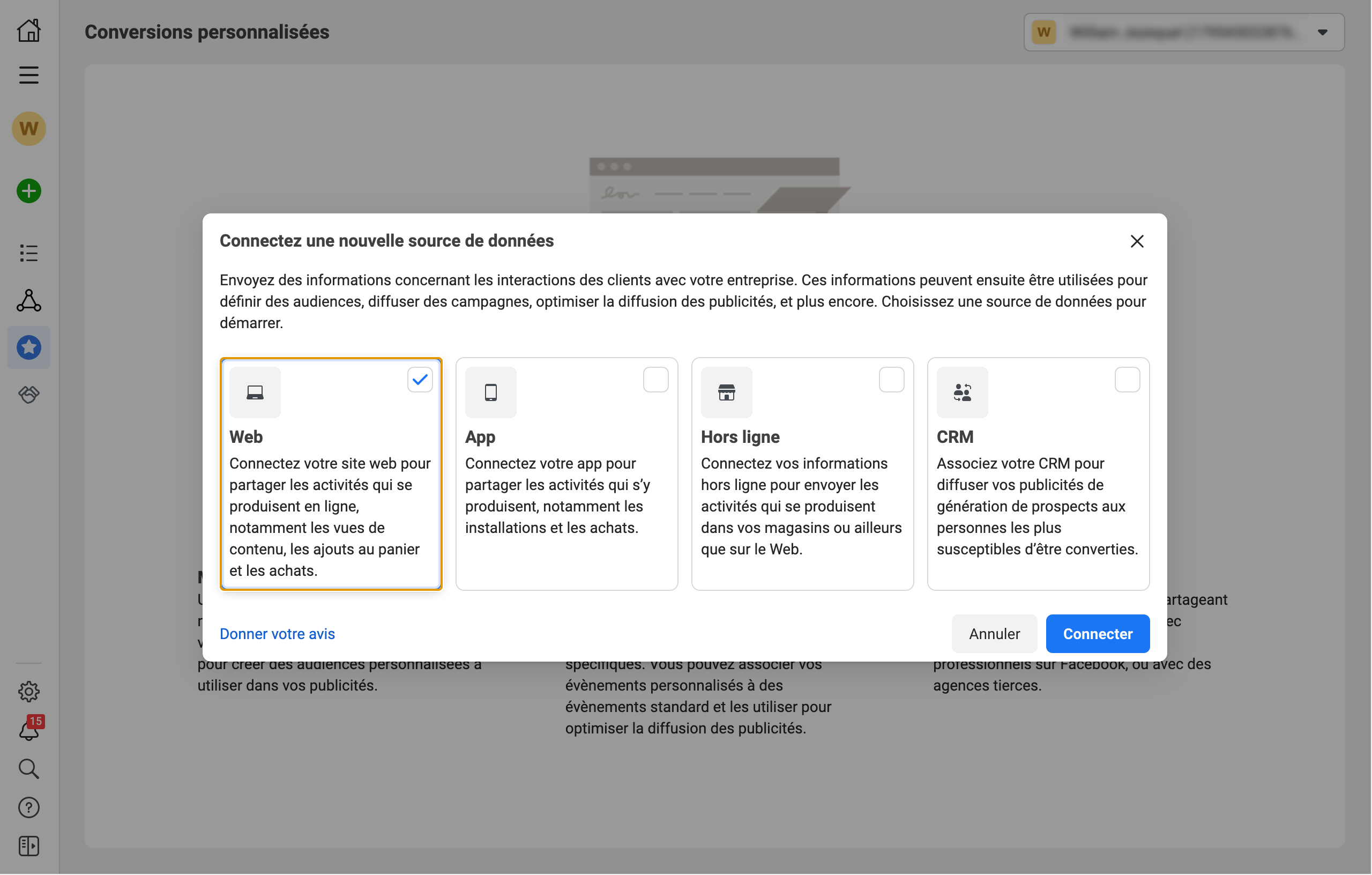 Sources de données dans l'interface du réseau social Facebook