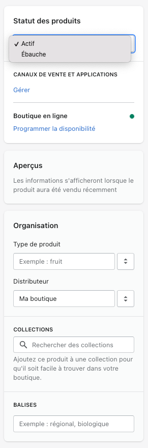 Statut de votre produit dans votre boutique Shopify