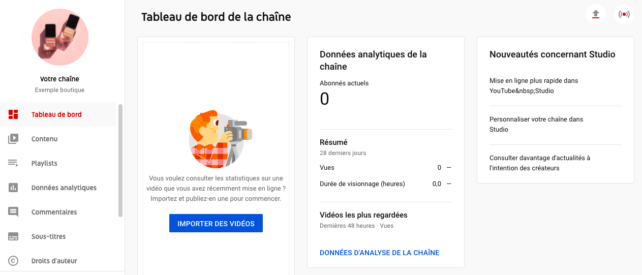 Tableau de bord d'une chaîne YouTube