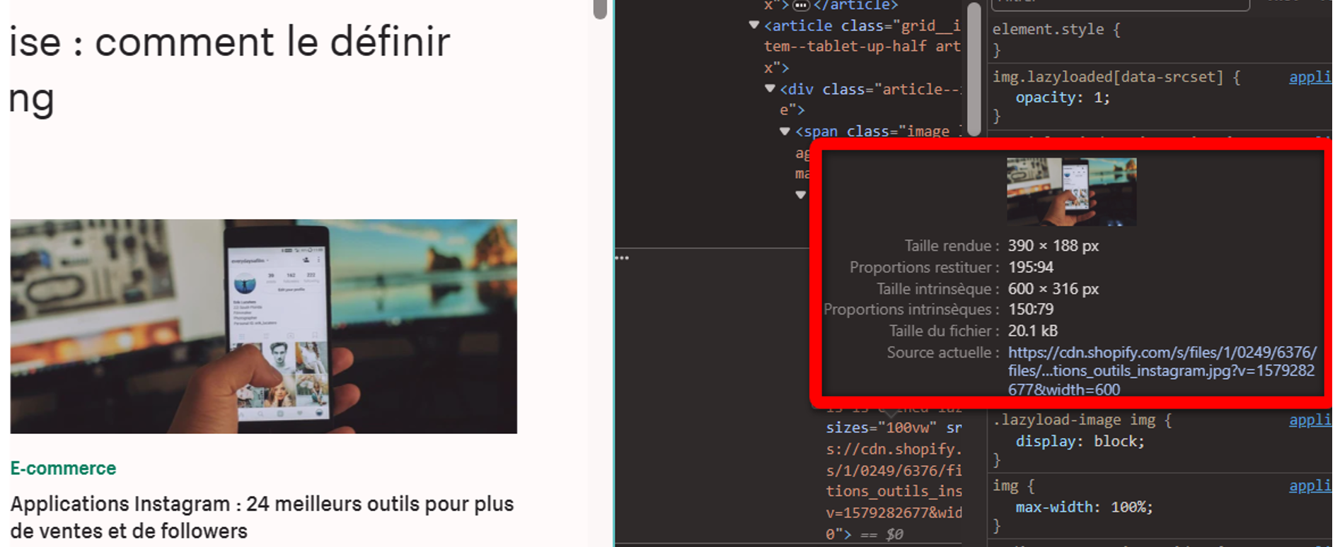 Où regarder dans le code html pour connaître la taille d'une image