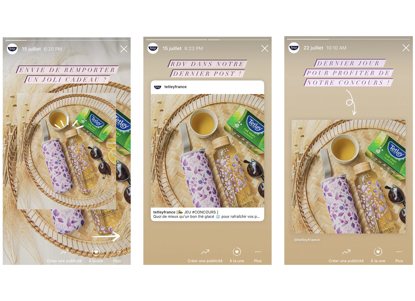 Stories mettant en avant un jeu concours sur le compte Instagram Tetley