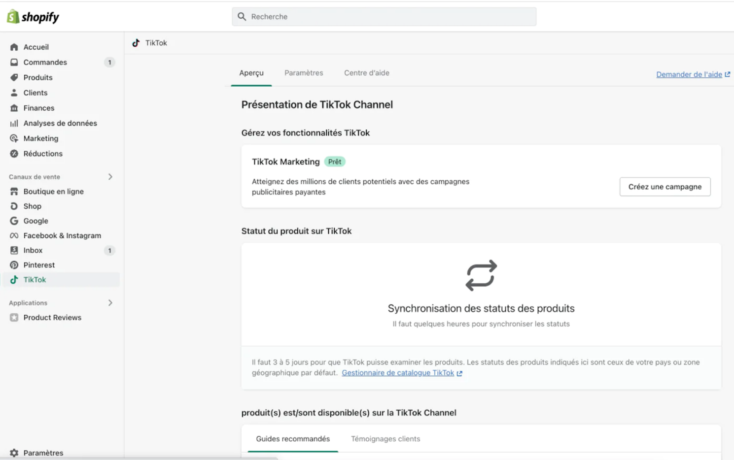 écran d'intégration Tiktok dans Shopify