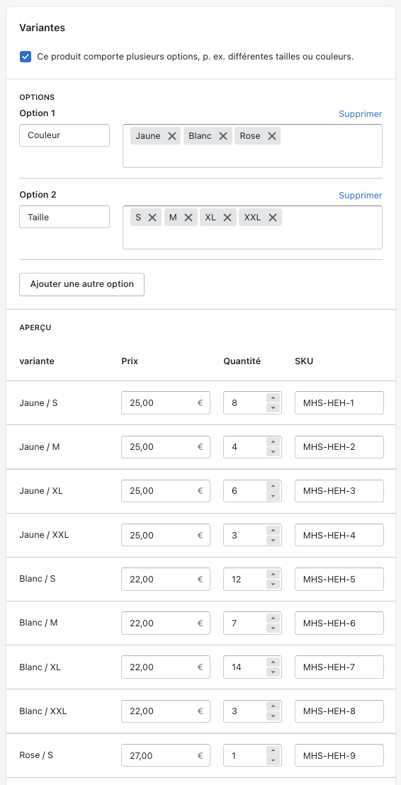 Parametrage des variantes sur votre boutique Shopify